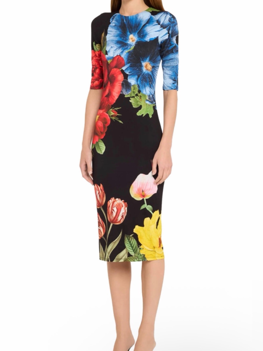 Alice + Olivia Black Midi Dress with Red, Blue & Yellow Floral Print